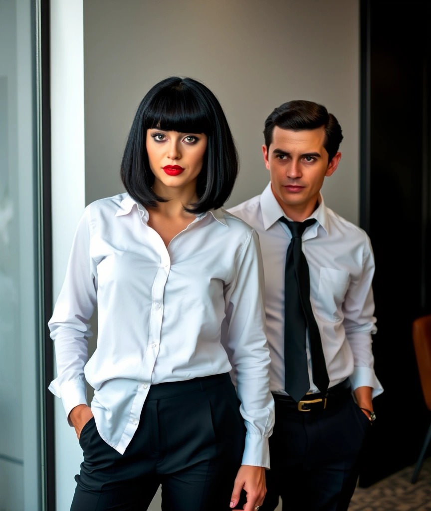 🎭 Carnevale in Coppia: Look Coordinati per Essere i Re della Festa 3 Idee per carnevale in coppia con un look ispirato a Pulp Fiction. Lei indossa camicia bianca, pantaloni neri e parrucca carré, mentre lui ha un completo nero con camicia bianca e cravatta. Un travestimento iconico e facile da realizzare!