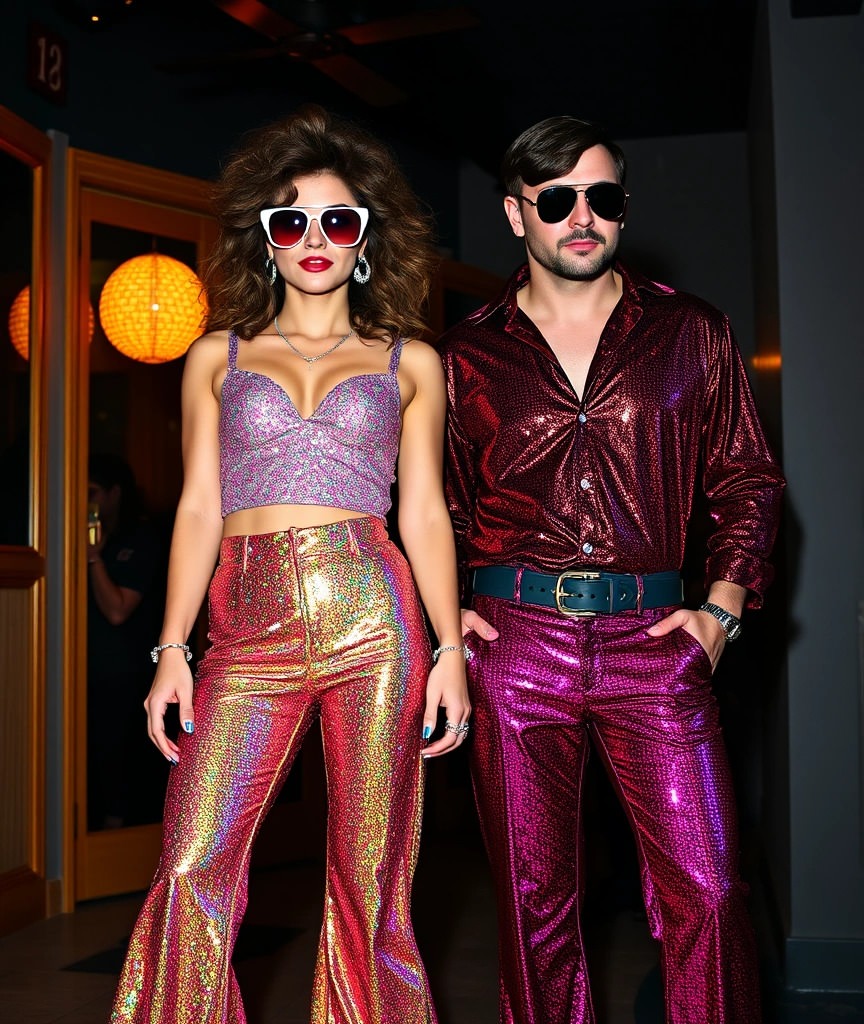 Coppia con outfit scintillante per carnevale in coppia a tema anni '70. Lei indossa un crop top glitterato e pantaloni a zampa metallizzati, mentre lui sfoggia una camicia lucida bordeaux e pantaloni coordinati. Un look perfetto per una serata disco!