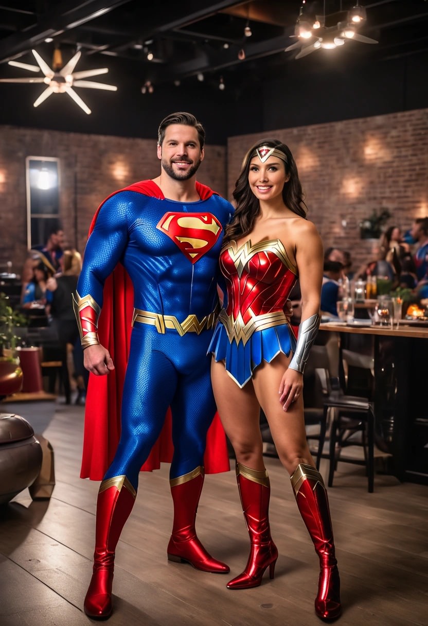 Coppia vestita da Superman e Wonder Woman per carnevale in coppia. Lui indossa il classico costume blu con mantello rosso e logo "S", mentre lei sfoggia un corpetto rosso, gonna blu e stivali dorati. Un travestimento epico per una festa da veri eroi!