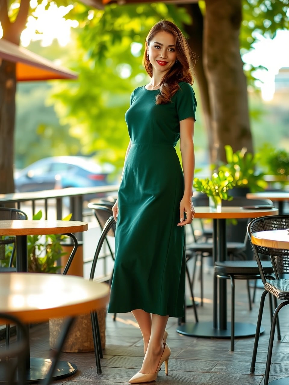 Una donna vestita con un abito midi verde e scarpe col tacco beige sorride luminosa, seduta in un raffinato ristorante all'aperto durante un pranzo della domenica immerso nella natura