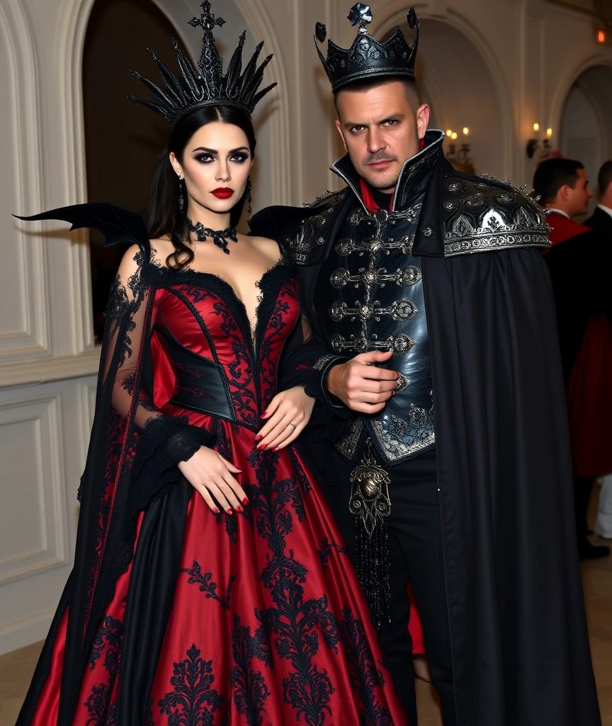 Costume gotico per carnevale in coppia da re e regina oscuri. Lei indossa un sontuoso abito rosso e nero con dettagli in pizzo e corona gotica, mentre lui sfoggia un mantello nero, armatura decorata e corona. Un travestimento elegante e misterioso per un carnevale da sovrani delle tenebre!