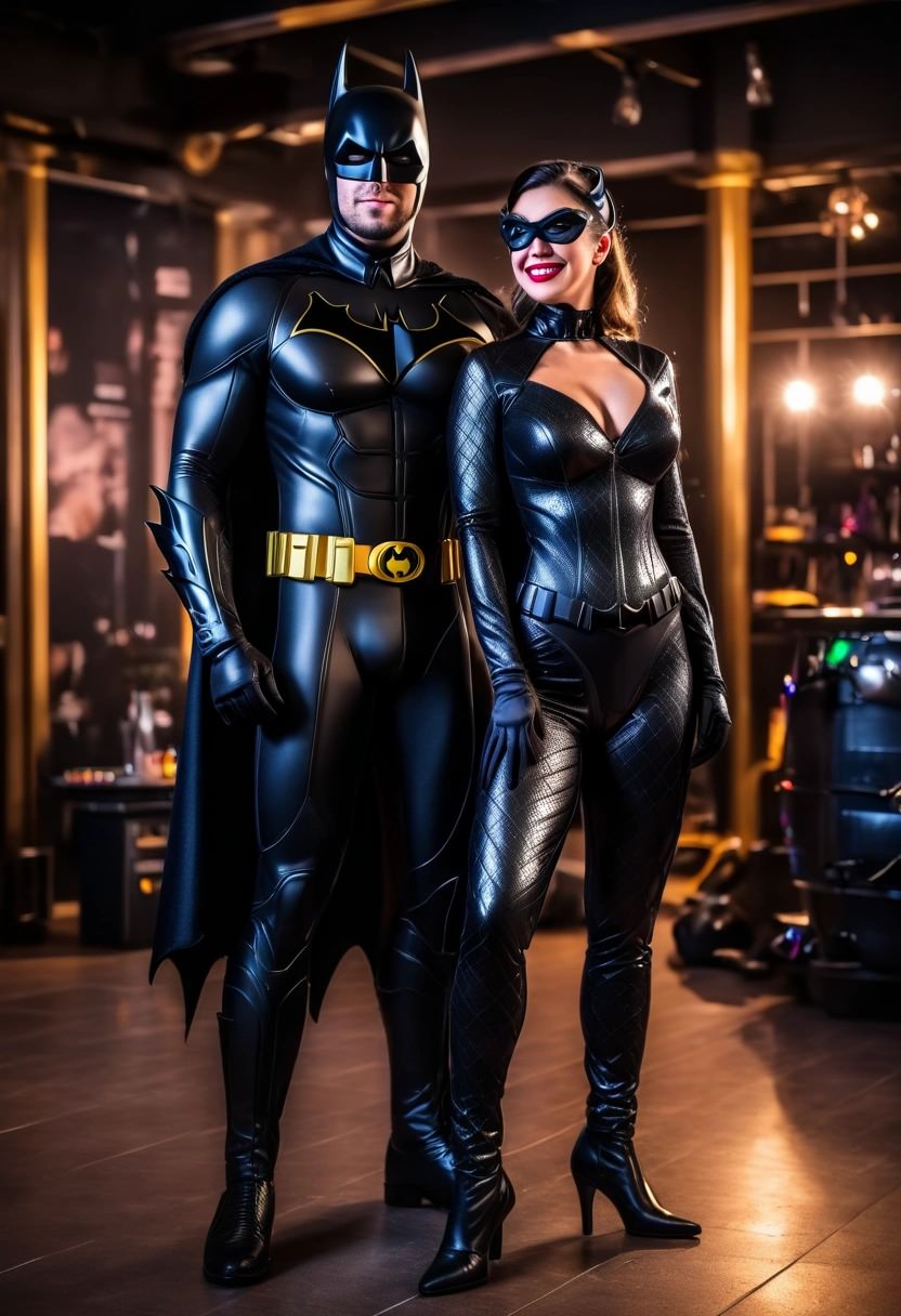 Costume per carnevale in coppia ispirato a Batman e Catwoman. Lui indossa l'iconico costume nero con maschera, mantello e cintura dorata, mentre lei sfoggia una tuta aderente in pelle nera con occhiali da gatto. Perfetto per un look da supereroi misteriosi!