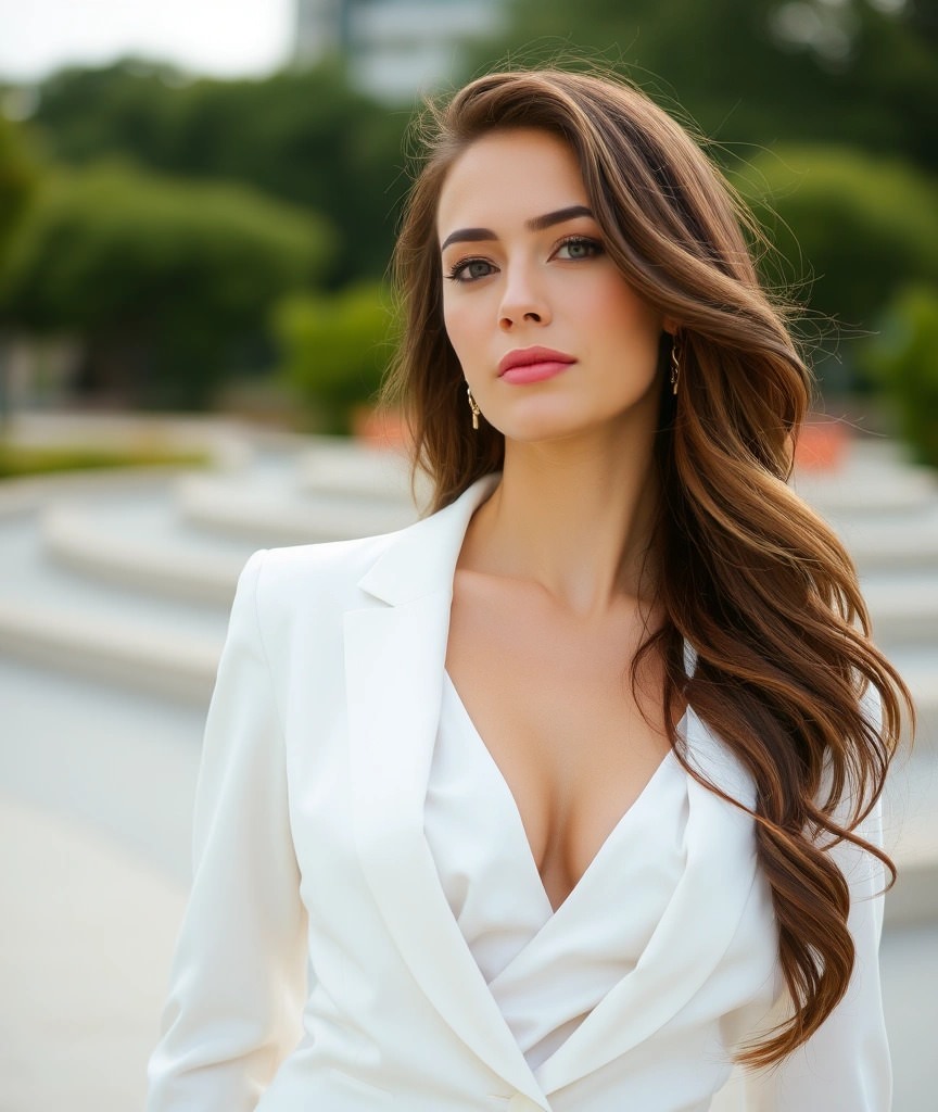 Donna elegante con lunghi capelli castani, indossa uno scollo a V sotto un tailleur bianco, con uno sguardo sicuro in un ambiente urbano.