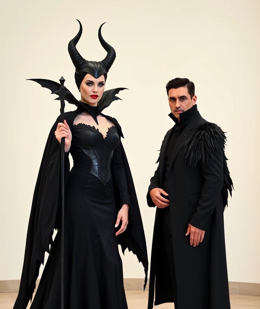 Travestimento per carnevale in coppia ispirato a Malefica. Lei indossa un lungo abito nero con mantello, corpetto in pizzo e l’iconico copricapo con corna, mentre lui sfoggia un look dark total black con mantello decorato da piume. Un’idea perfetta per un costume fiabesco e tenebroso!