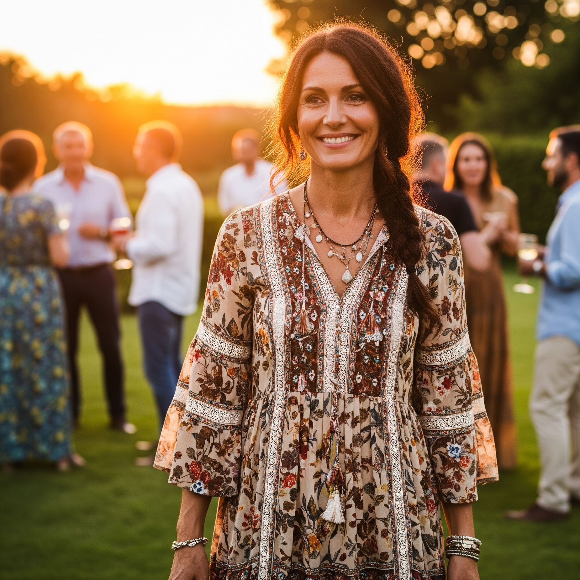 Donna festeggia i suoi 50 anni con un abito lungo boho chic a fiori durante una festa in giardino al tramonto.

