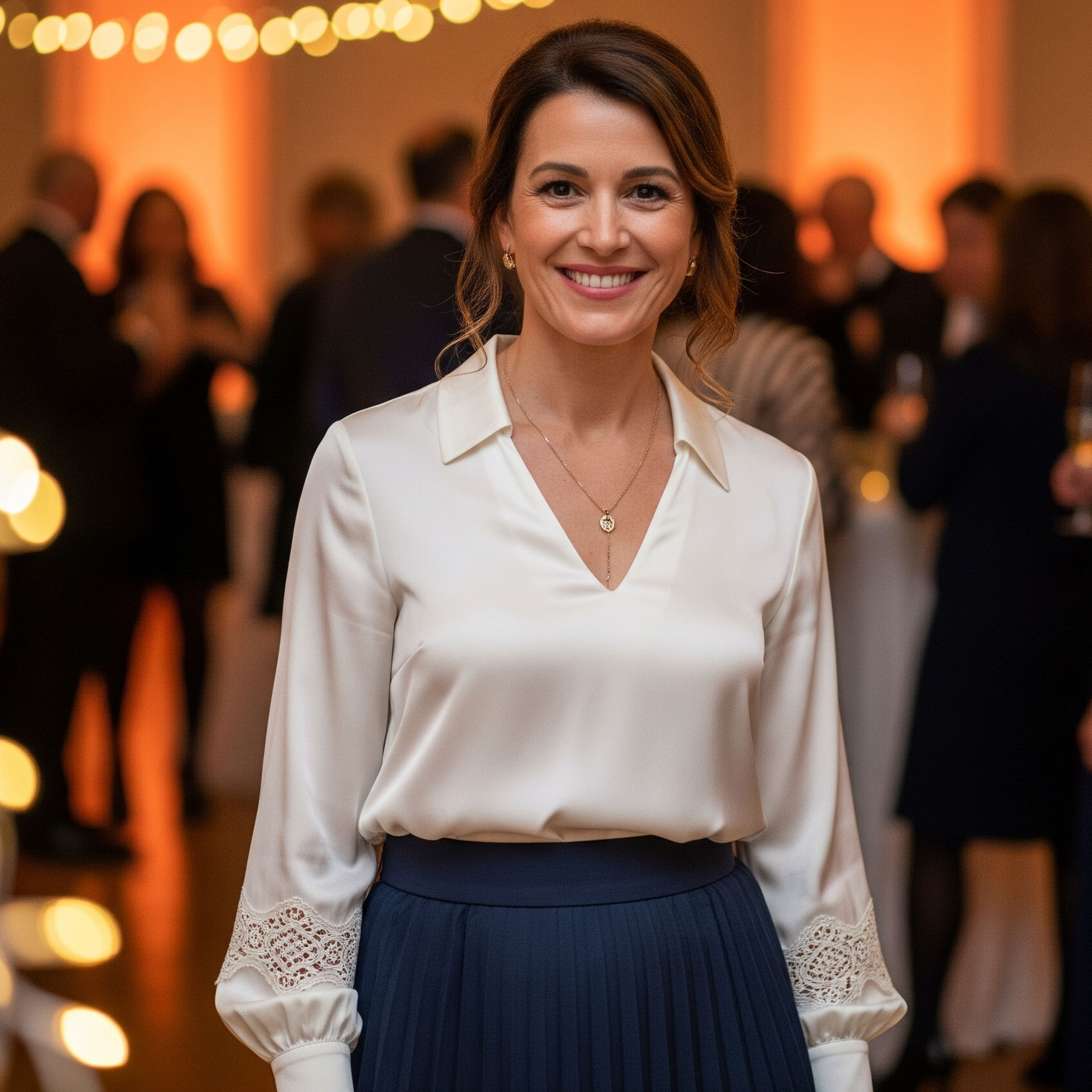 Donna sorridente per la sua festa di 50 anni indossa un outfit spezzato con gonna midi plissettata blu e blusa in seta color avorio.

