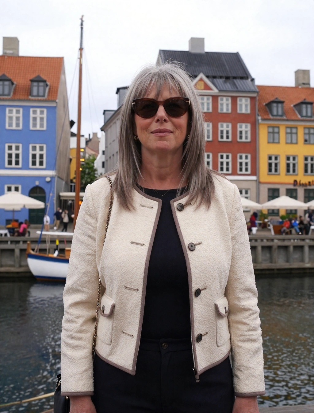 Outfit donna a Copenaghen a Nyhavn con giacca tweed chiara e occhiali da sole per la mezza stagione