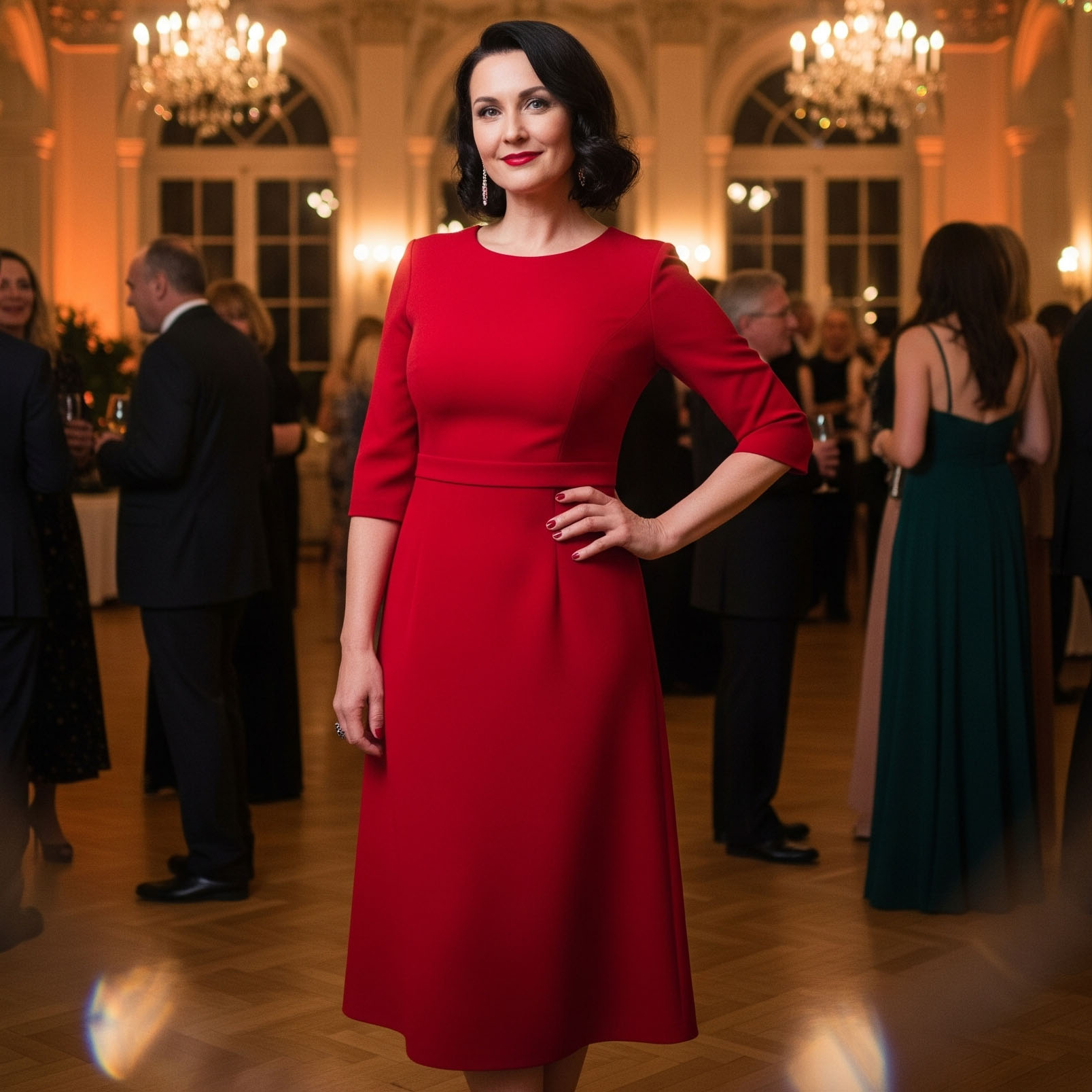 Donna sorridente indossa un elegante abito midi rosso rubino per la sua festa di 50 anni in un ambiente chic.

