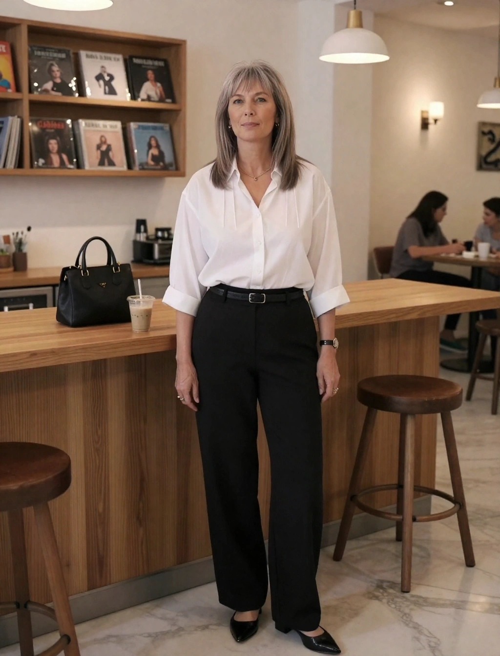 Look da giorno a Copenaghen con camicia bianca oversize e pantaloni neri a gamba larga, stile ufficio