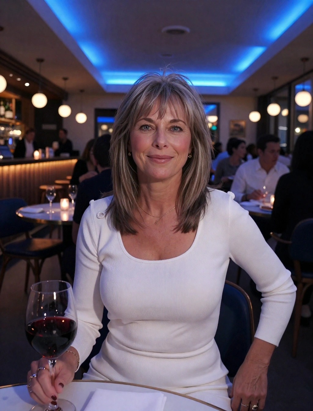 Donna con abito bianco a maniche lunghe per una cena serale a Copenaghen, stile scandinavo minimal