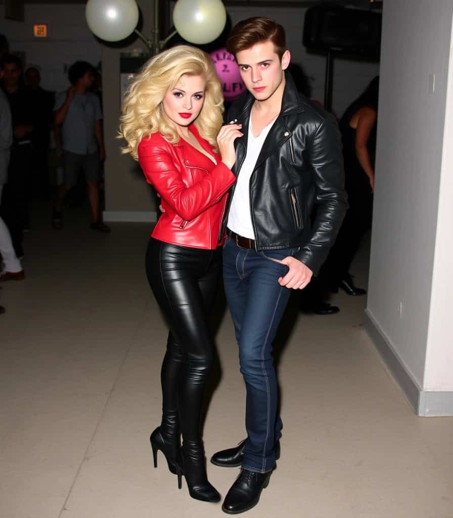 Una coppia in outfit ispirato a Grease posa con un’aria ribelle. La donna indossa una giacca rossa in pelle, leggings neri aderenti e tacchi alti, con capelli voluminosi e rossetto acceso. L’uomo sfoggia un chiodo nero in pelle, T-shirt bianca, jeans slim e stivaletti neri.







