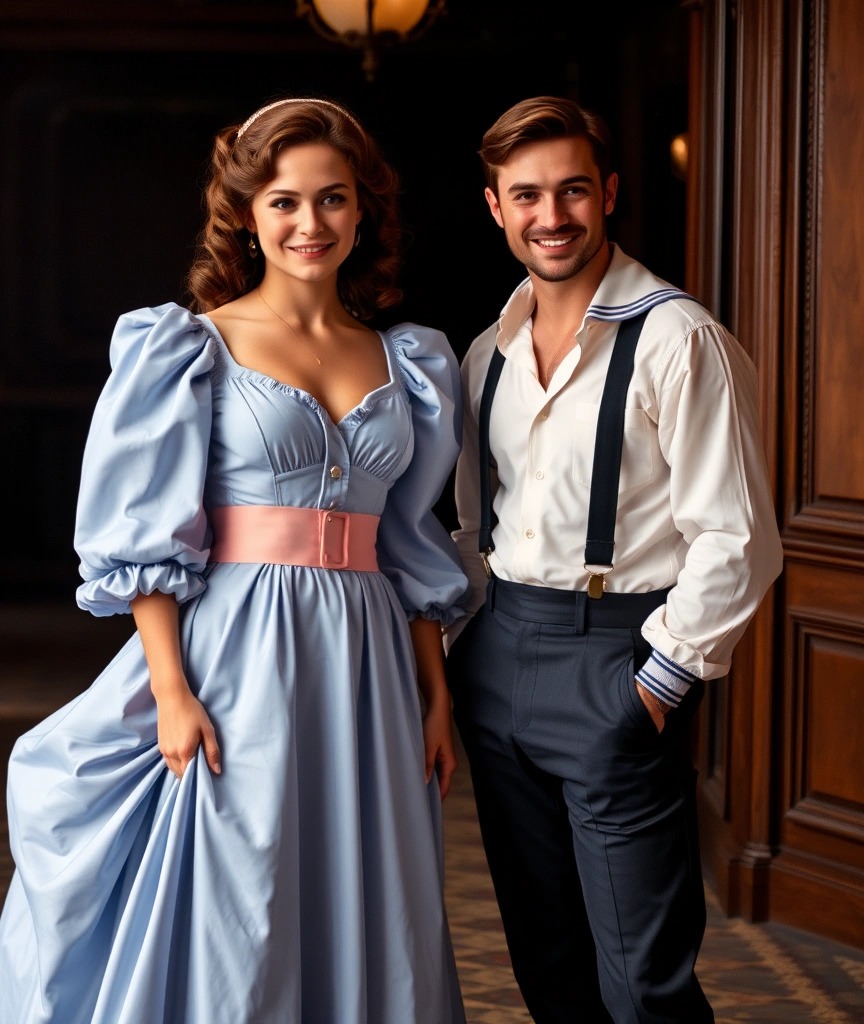 🎭 Carnevale in Coppia: Look Coordinati per Essere i Re della Festa 2 Costume per carnevale in coppia ispirato a Jack e Rose di Titanic. Lei indossa un abito lungo vintage beige con dettagli ricamati, mentre lui sfoggia un look da marinaio con camicia bianca e bretelle nere. Perfetto per una coppia romantica!