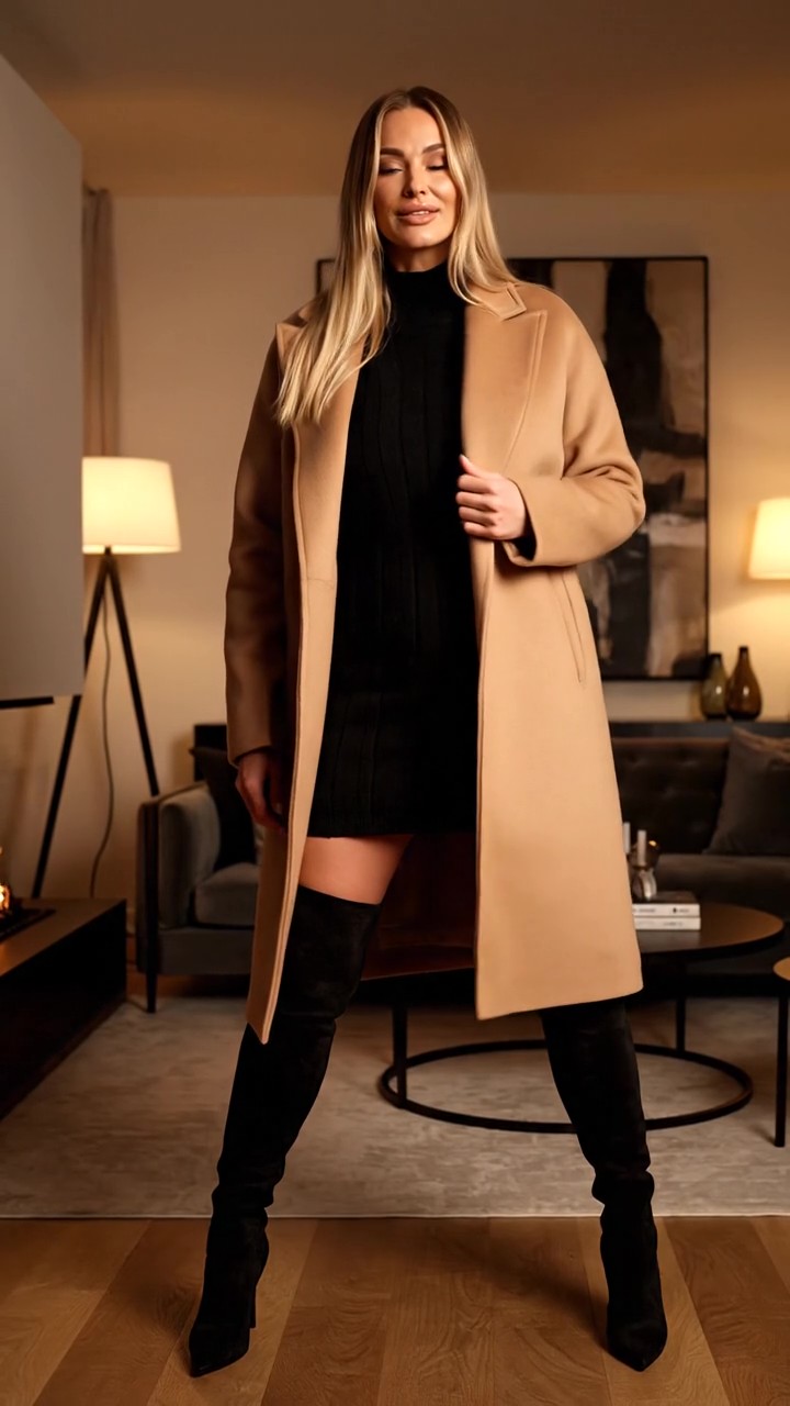 Look sensuale per festeggiata con mini dress in maglia nero e stivali alti sopra il ginocchio scamosciati.