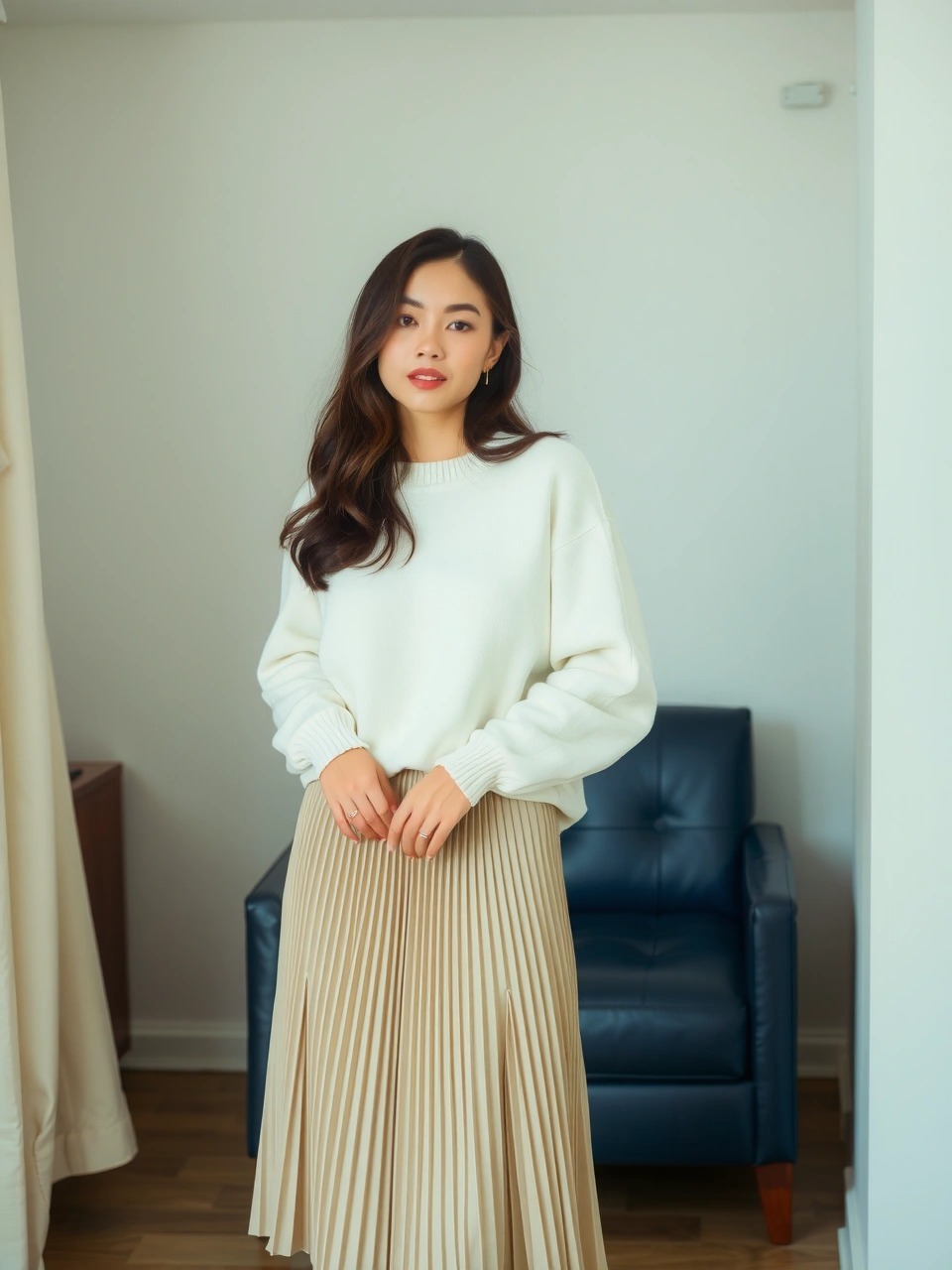 Una donna con un maglione oversize bianco e una gonna plissettata beige posa con eleganza in un ambiente accogliente, aspettando il suo pranzo della domenica in un ristorante dal design minimalista.