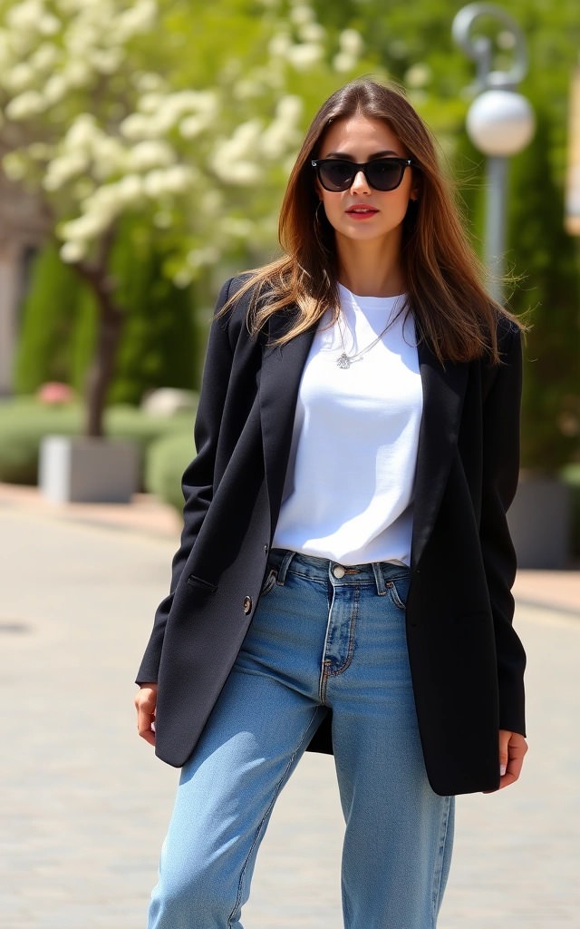 Look easy chic con blazer nero, maglietta bianca, jeans chiari e occhiali da sole: outfit 22 gradi donna comodo ma raffinato.

