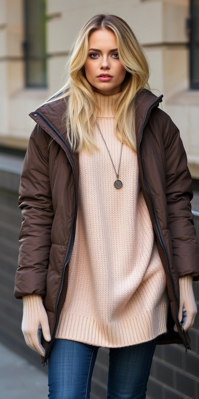 Outfit comodo e caldo per 8 gradi: piumino marrone, maxi maglione rosa e guanti in lana per uno stile cozy chic.