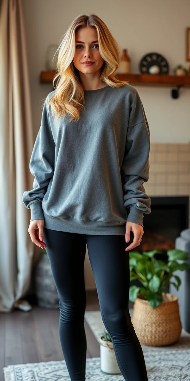 Outfit 25 aprile donna cozy con felpa oversize grigia e leggings neri, perfetto per una giornata festiva all’insegna del comfort.