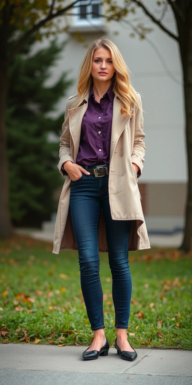 Donna con jeans e ballerine nere, camicia viola e trench beige, look elegante e casual per la città