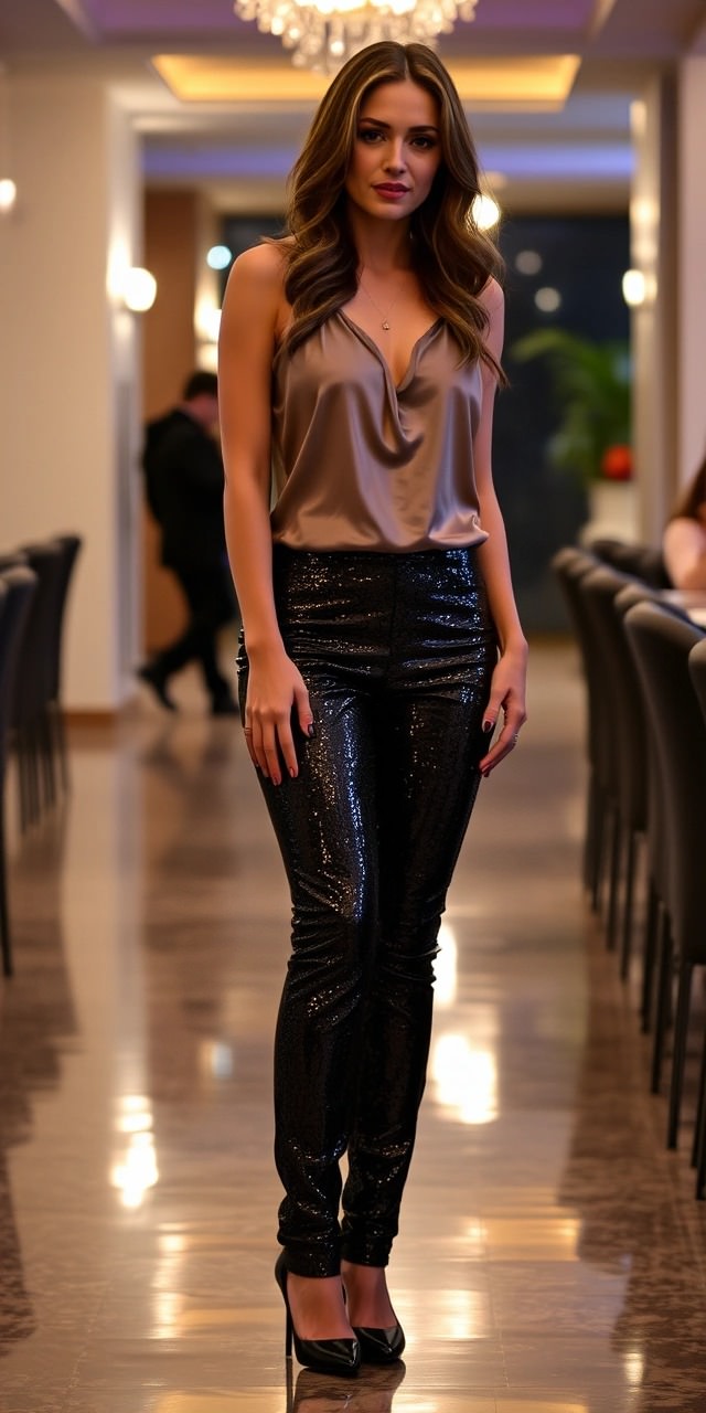 Donna con outfit con paillettes trendy, indossa pantaloni di paillettes neri abbinati a un top in seta color bronzo e décolleté neri. Look perfetto per una cena elegante.