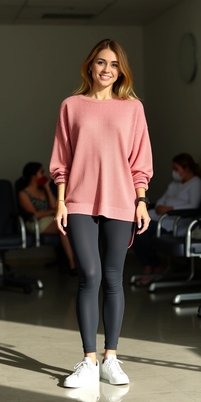 Donna con maglione rosa, leggings neri e sneakers bianche in sala d'attesa per una radiografia al ginocchio