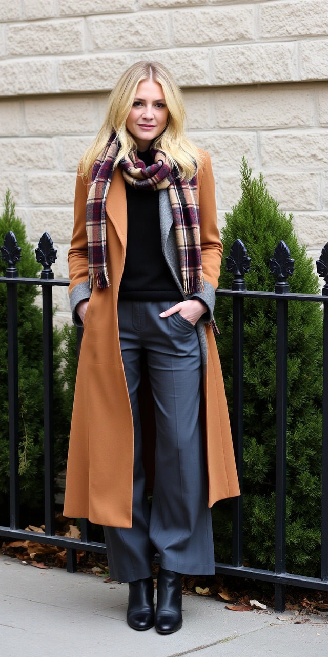 Outfit femminile per 8 gradi: cappotto cammello, pantaloni grigi e sciarpa a quadri per un look chic e caldo.

