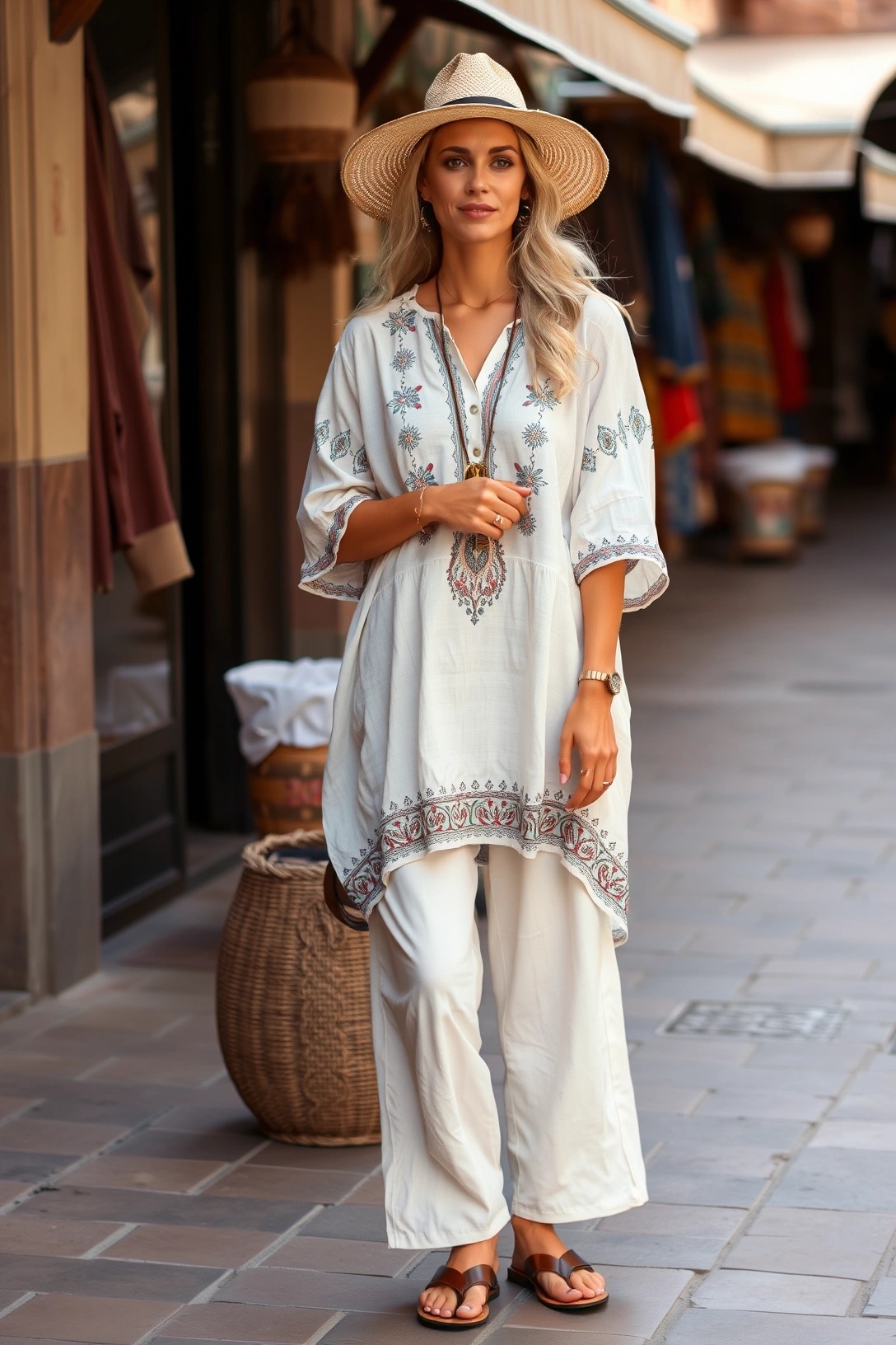 Come vestirsi a Marrakesh 2 Look elegante nella Medina di Marrakech con tunica ricamata, pantaloni larghi e cappello di paglia, ideale per visitare la città in modo comodo e rispettoso.