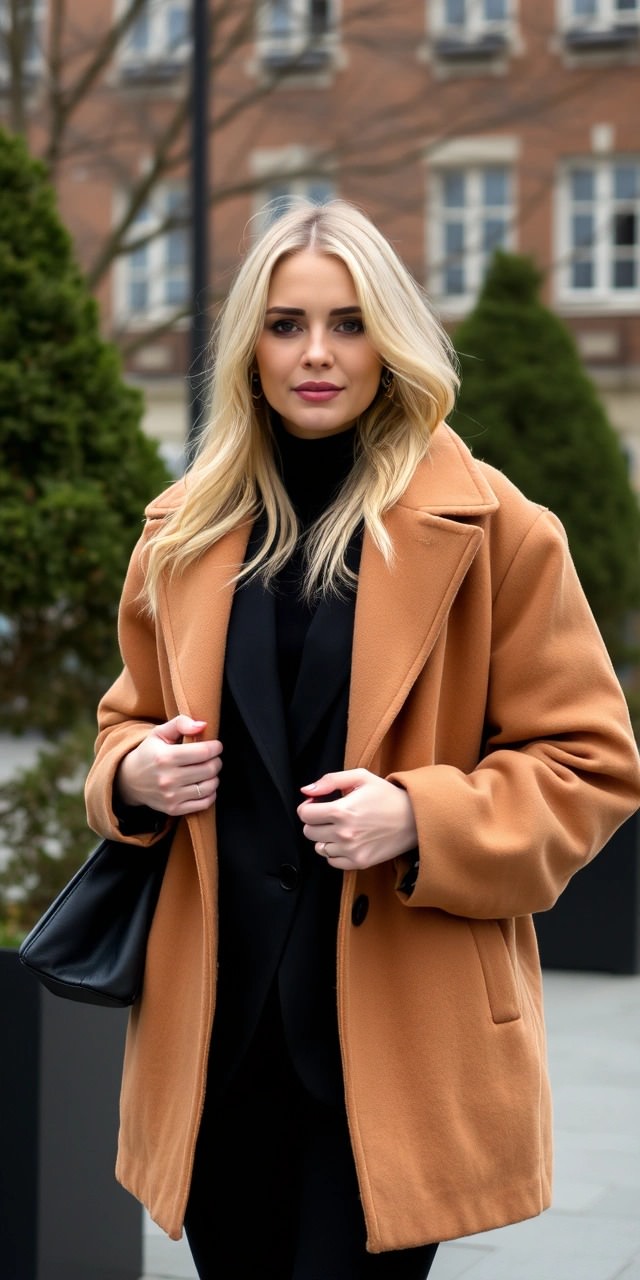 Look urbano con cappotto cammello indossato sopra la giacca nera, ideale per uno stile chic e professionale. Esempio di layering fashion sopra la giacca per l’inverno.

