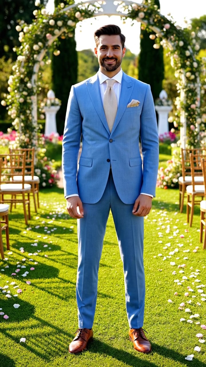Uomo elegante con completo azzurro pastello per matrimonio a maggio in giardino, camicia bianca, cravatta beige e scarpe cuoio, arco floreale sullo sfondo