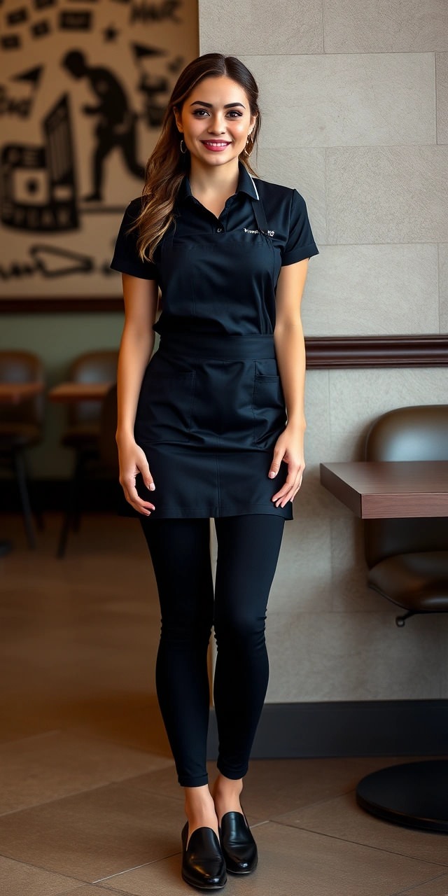Come deve vestire una cameriera 22 Cameriera con uniforme nera in un ristorante – Cameriera con polo nera, grembiule e pantaloni neri, in piedi in un ambiente interno di un ristorante.