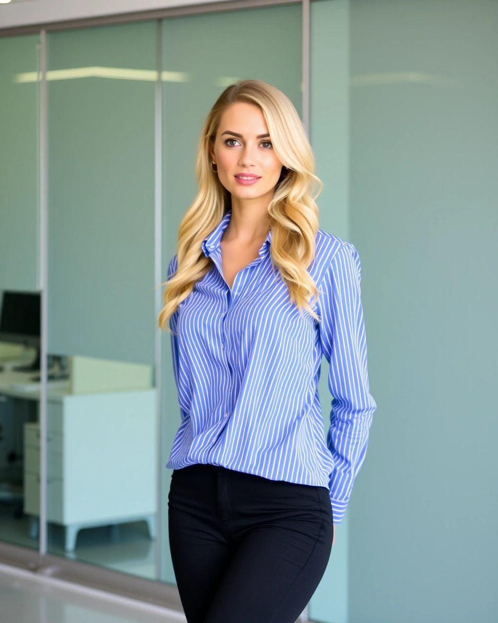 Come vestirsi a Maggio 9 Outfit ufficio maggio 2025 donna: pantaloni skinny neri e camicia oversize a righe azzurre, look semplice e sofisticato per il lavoro