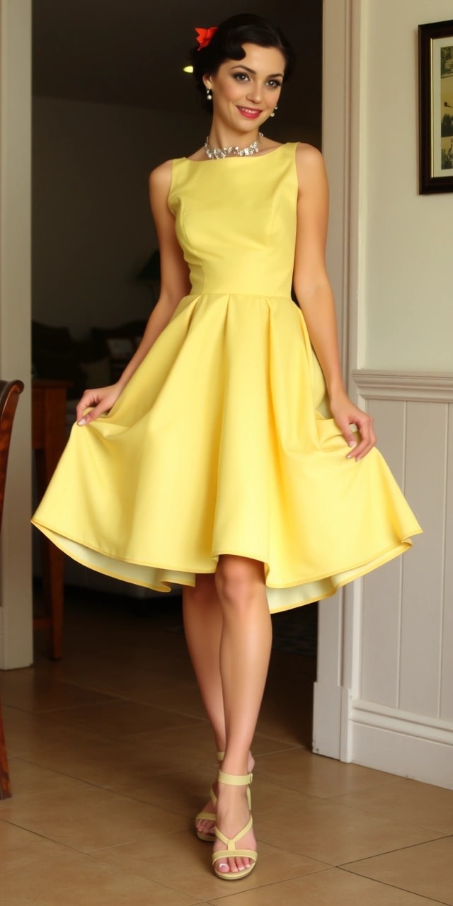 Come vestirsi per una serata Swing 4 Abito swing giallo – Abito retrò giallo con silhouette a ruota in stile swing, ideale per ballare con eleganza.