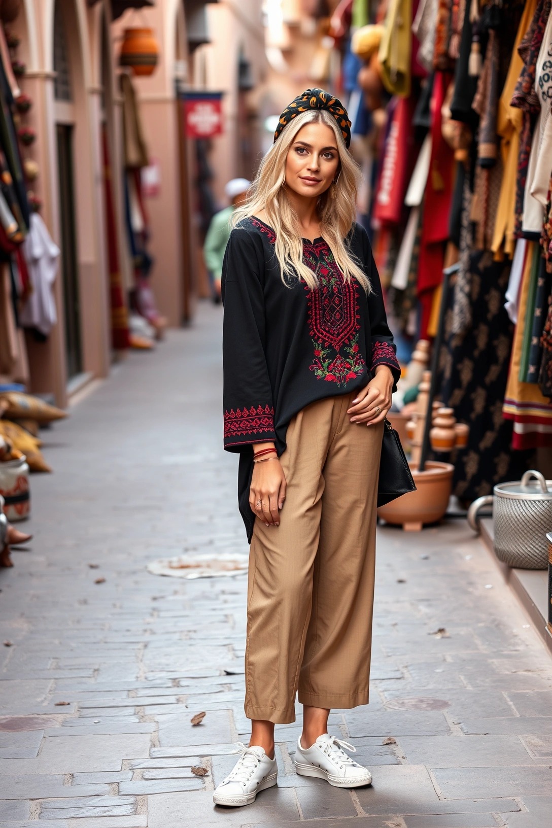 Come vestirsi a Marrakesh 8 Outfit tradizionale con tunica nera ricamata e pantaloni culotte beige, perfetto per esplorare i souk della Medina di Marrakech con stile e comfort.