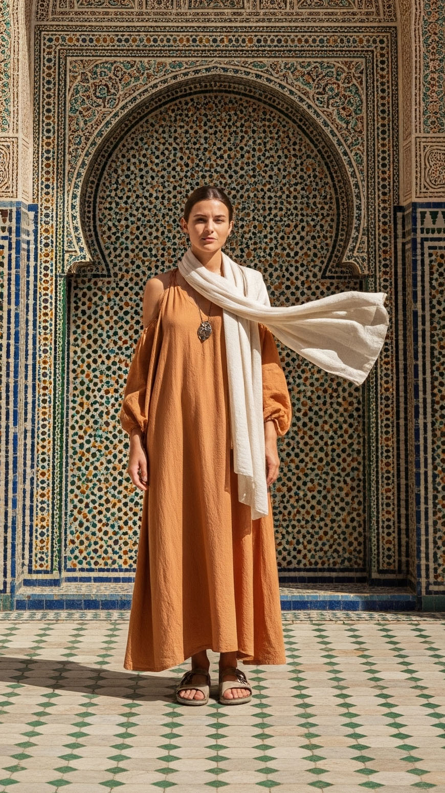 Donna in abito lungo e sciarpa leggera davanti a un riad marocchino decorato, simbolo di modestia intelligente e rispetto della cultura locale durante un viaggio in Marocco.