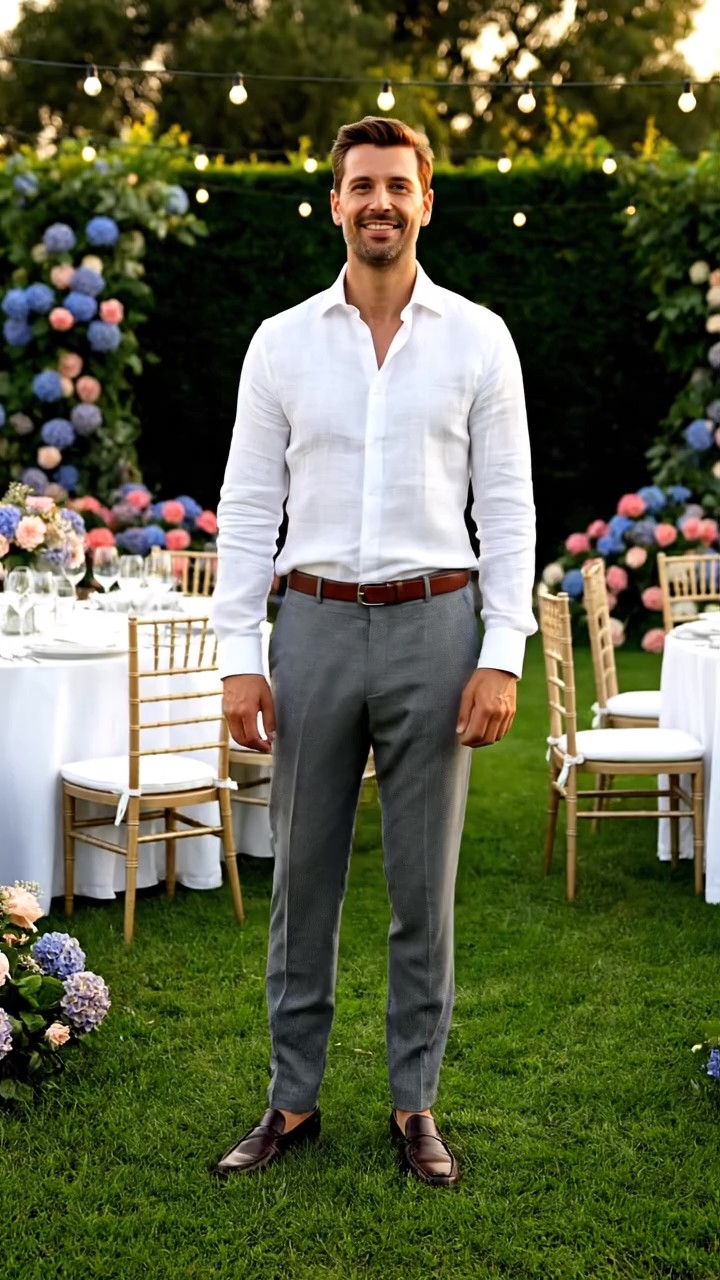 Look uomo raffinato per invitato alla comunione con camicia in lino bianca, pantaloni grigi sartoriali e loafers testa di moro.
