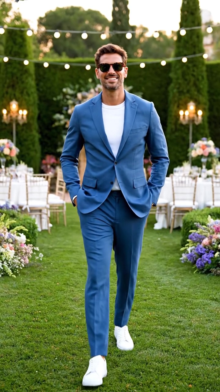 Invitato uomo alla comunione con completo blu avio, t-shirt premium bianca e sneakers minimal in pelle, stile moderno e pulito.