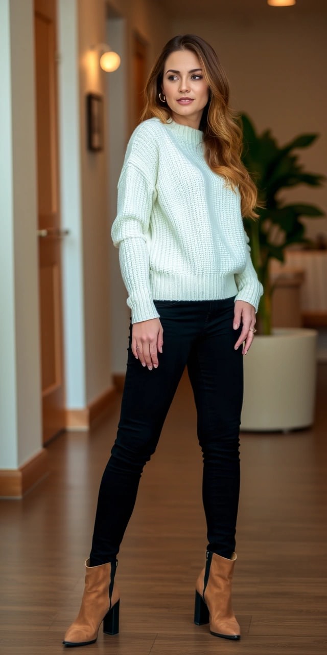 Look casual chic con jeans neri skinny, maglione bianco oversize e stivaletti beige con tacco, una combinazione di tendenza per il 2025.
