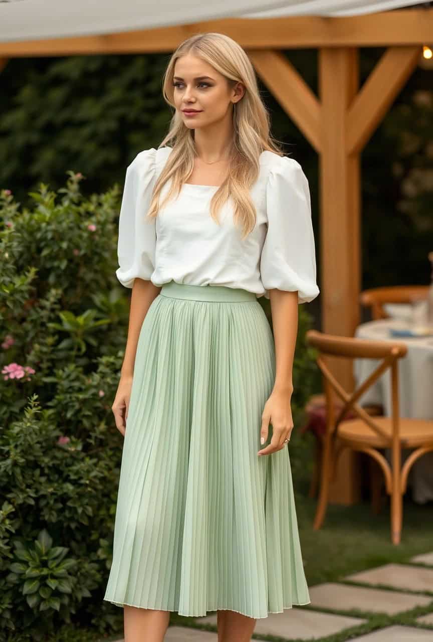 Come vestirsi per comunione a giugno: Outfit invitata 2025 11 Donna con gonna midi plissettata verde salvia e camicia bianca con maniche a sbuffo, look raffinato per cerimonia estiva.