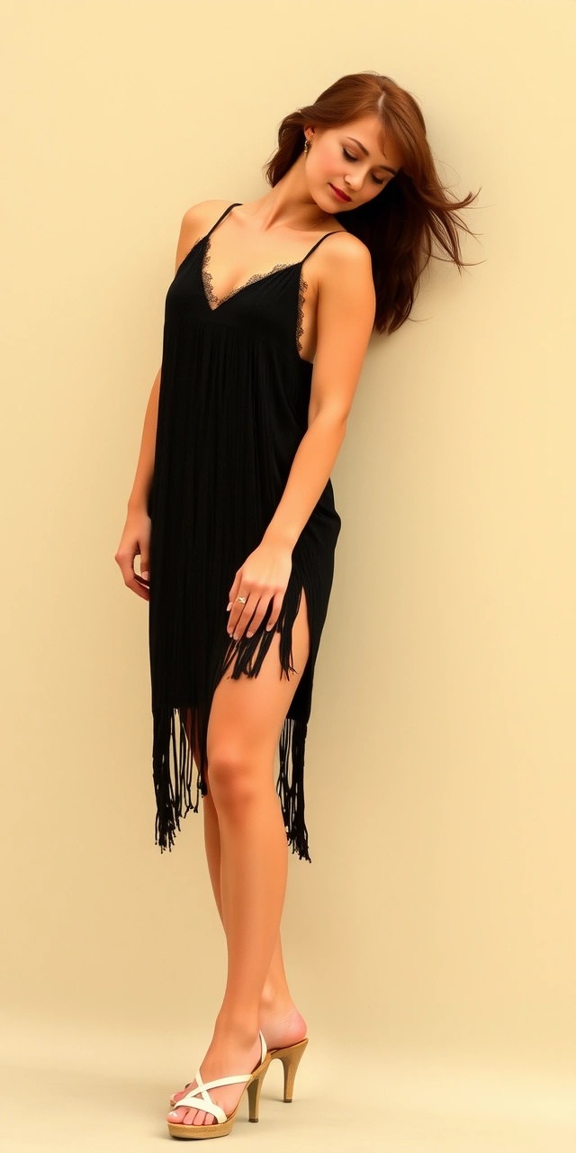 Come vestirsi per una serata Swing 1 Abito swing con frange nere – Elegante abito nero con frange dallo stile swing, perfetto per serate di ballo vintage