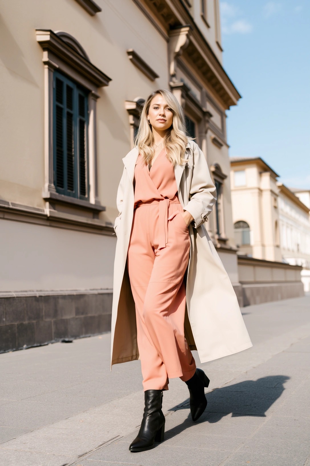 Look elegante per weekend primaverile con jumpsuit rosa pesca, trench leggero beige e stivaletti neri a tacco largo