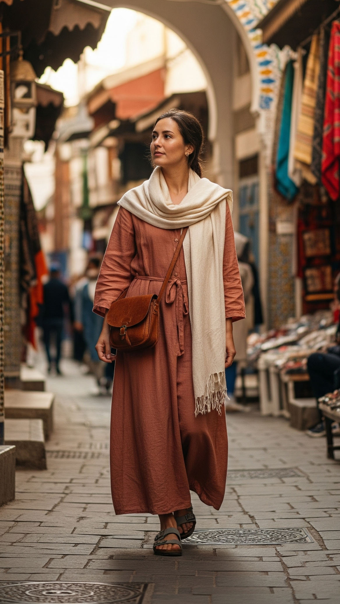 Donna che passeggia in un souk marocchino indossando un abito lungo, sciarpa leggera e sandali comodi, esempio di abbigliamento con modestia intelligente per viaggiare in Marocco