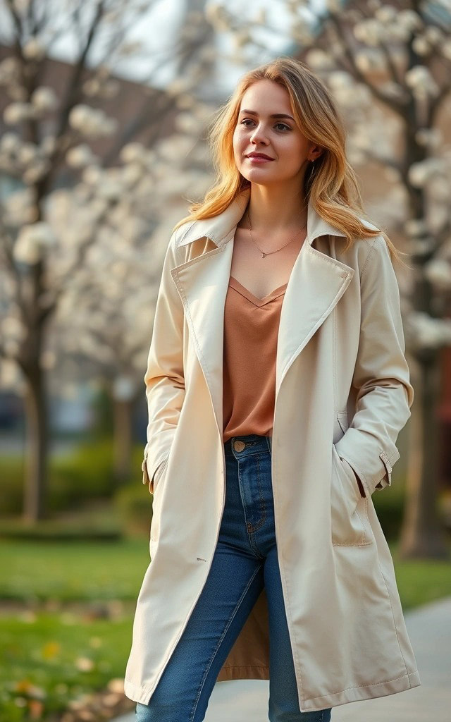 Come vestirsi con 22 gradi donna 1 Donna con trench beige e top rame abbinato a jeans, perfetto outfit 22 gradi donna per la mezza stagione.