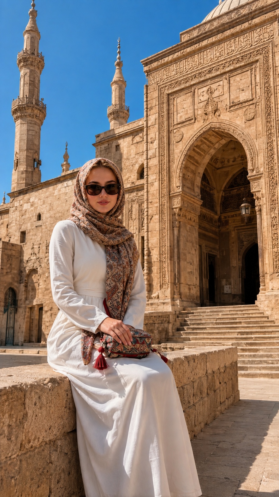 Alt Text SEO - 149 caratteri:
Donna con abito lungo bianco e foulard fantasia davanti a una moschea al Cairo, esempio di abbigliamento rispettoso per visitare le moschee in Egitto