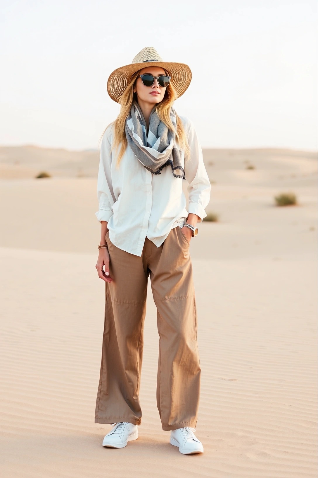 Come vestirsi a Marrakesh 5 Donna con camicia bianca, pantaloni larghi color sabbia, cappello di paglia, foulard e occhiali da sole nel deserto vicino a Marrakech, look pratico e chic per un’escursione nel Sahara.