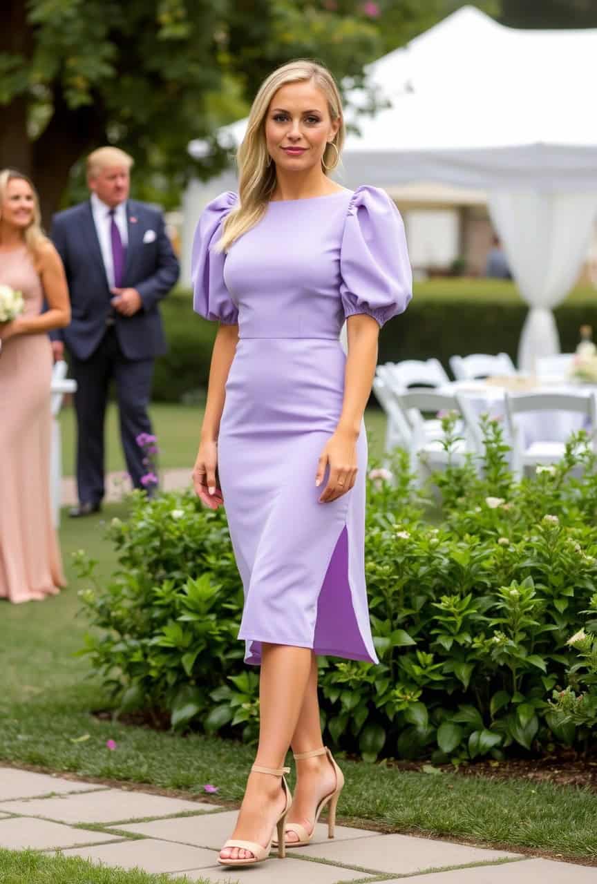 Come vestirsi per comunione a giugno: Outfit invitata 2025 1 Donna con abito midi lavanda con maniche a sbuffo e sandali nude, outfit elegante per comunione a giugno.