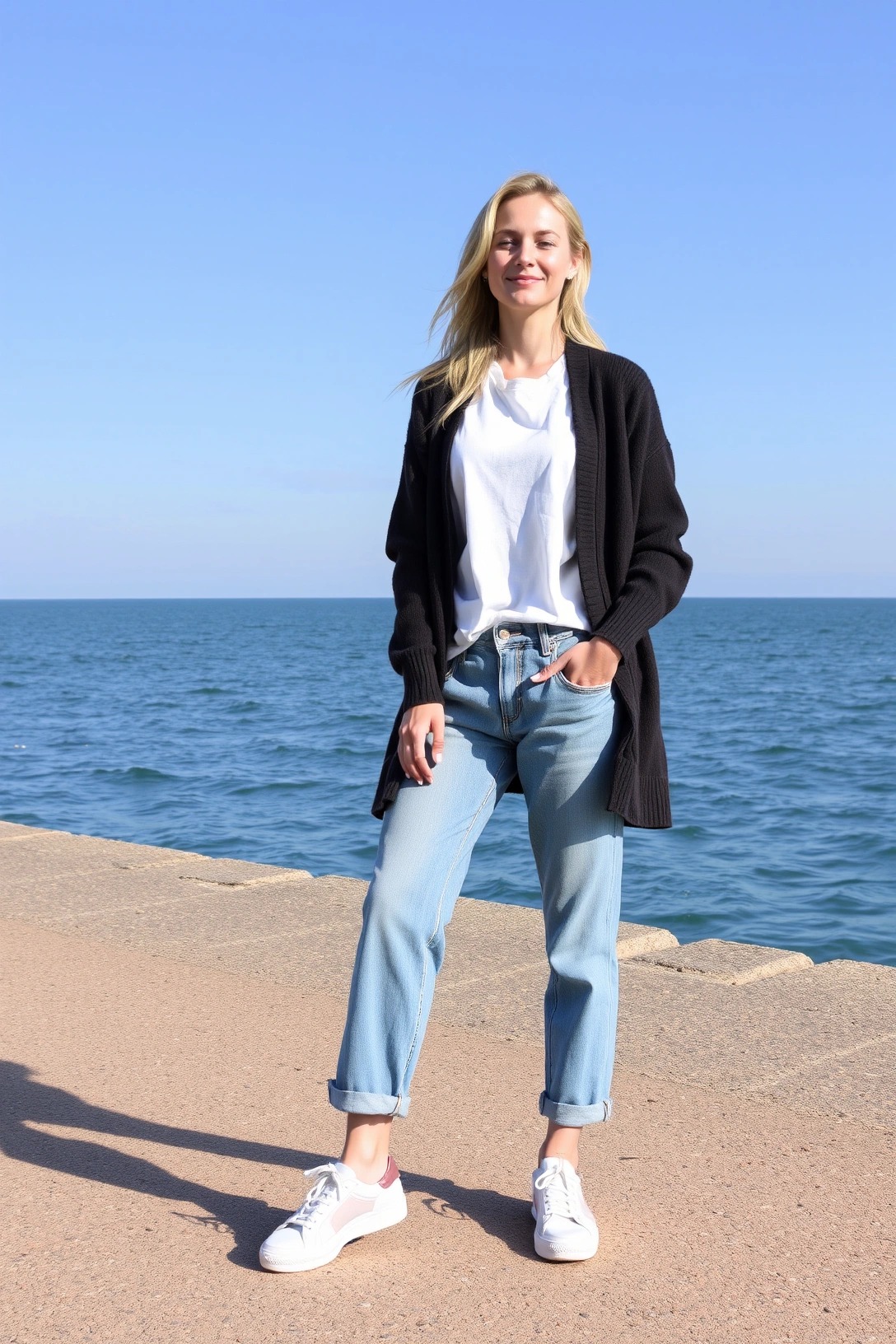 Outfit da weekend con 16 gradi con jeans chiari cropped, t-shirt bianca, cardigan nero oversize e sneakers bianche