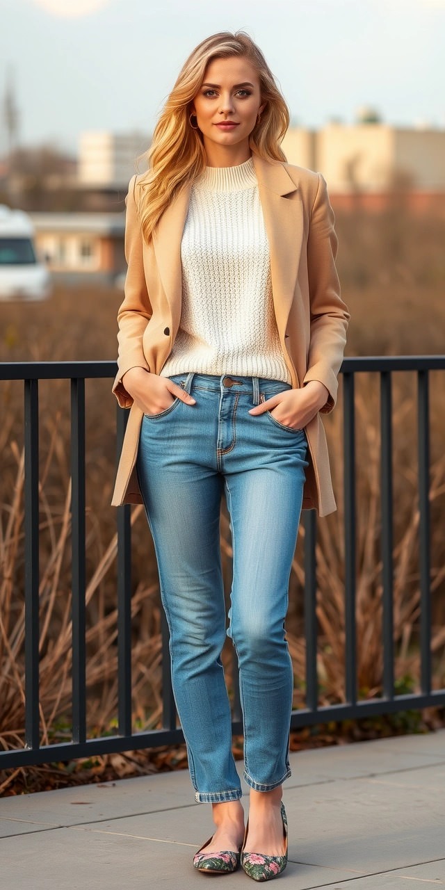 Donna con jeans e ballerine floreali, maglione bianco e blazer color cammello, look casual chic per la mezza stagione.