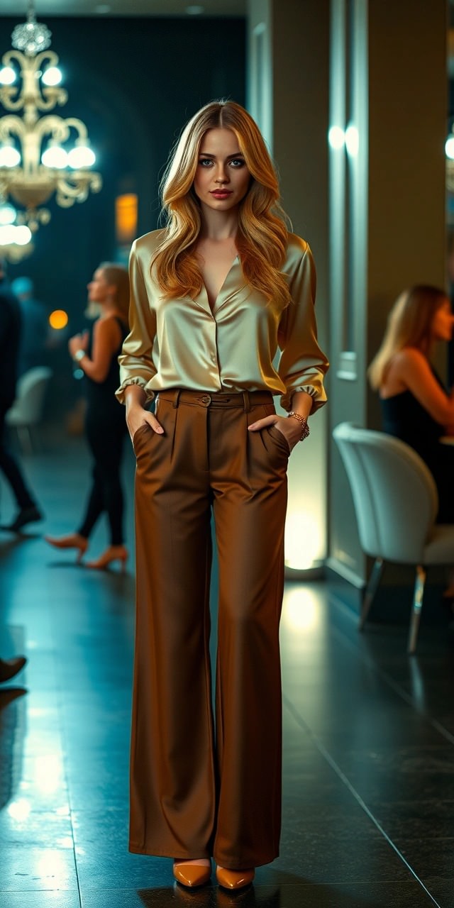 Blusa in seta champagne con pantaloni palazzo marroni – Look elegante e raffinato per andare in pizzeria