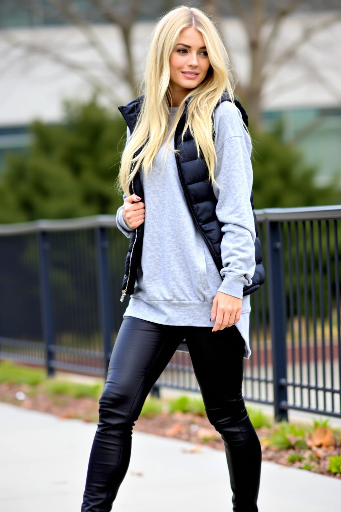 Outfit sporty chic per 16 gradi con leggings effetto pelle, felpa grigia oversize e gilet imbottito nero donna

