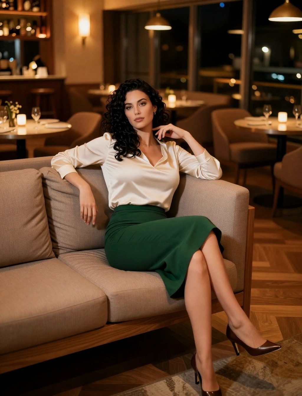 Donna con blusa color avorio e gonna a matita verde, décolleté marroni, look elegante per cena di marzo al ristorante