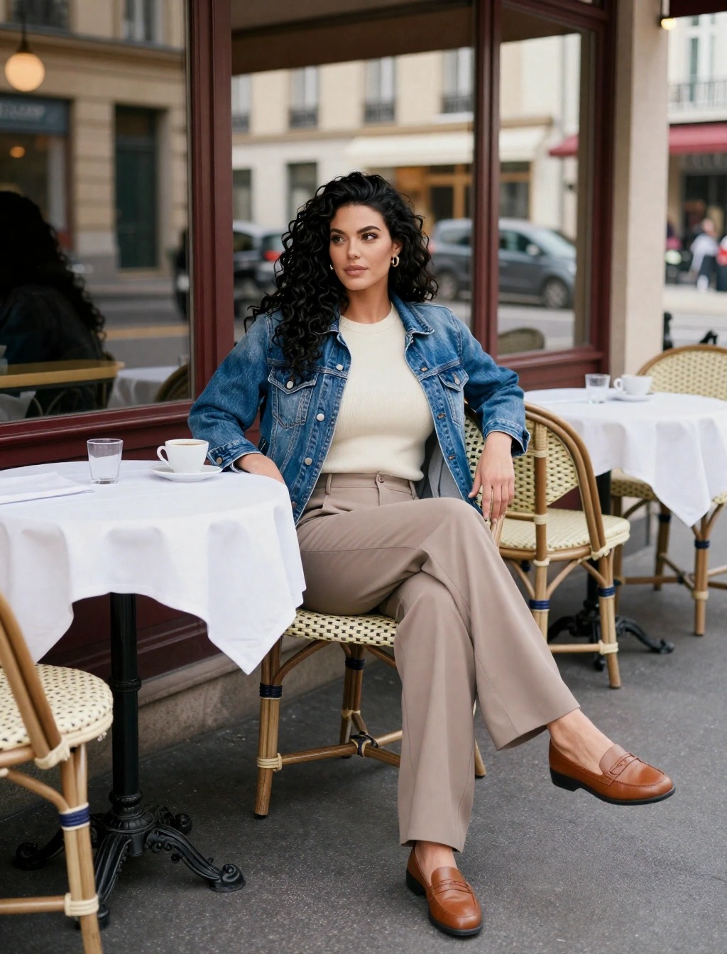Donna seduta al tavolino del bar con giacca di jeans, maglia chiara e pantaloni beige con mocassini marroni, idea di look primaverile per marzo